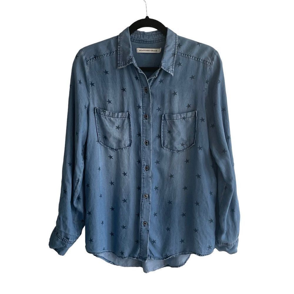 STANDARD GRACE Chambray Button Down Shirt Stars Roll Sleeves Blue S